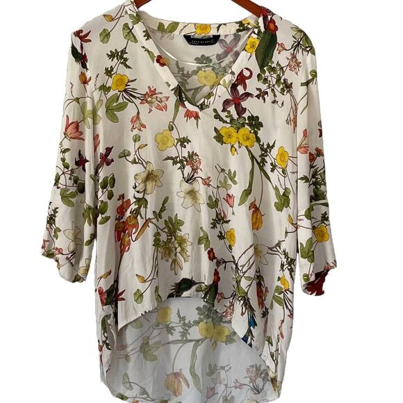 Zara Ivory Floral V-Neck Ruffle 3/4 Sleeve High Low Blouse/Top Size, S - Picture 1 of 14